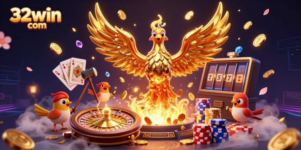 Experience thrilling gameplay with 32win com in a vibrant casino scene, featuring golden phoenix and casino elements.