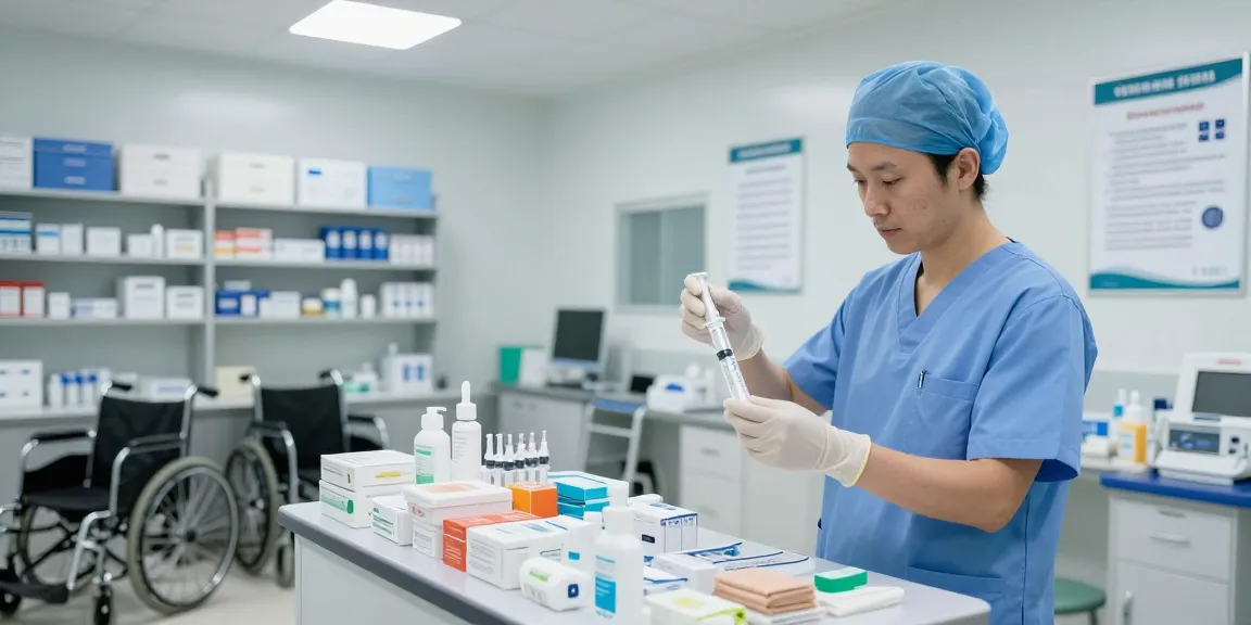 Medical supplies being organized by a health care professional in a bright supply room, showcasing essential equipment for patient care.