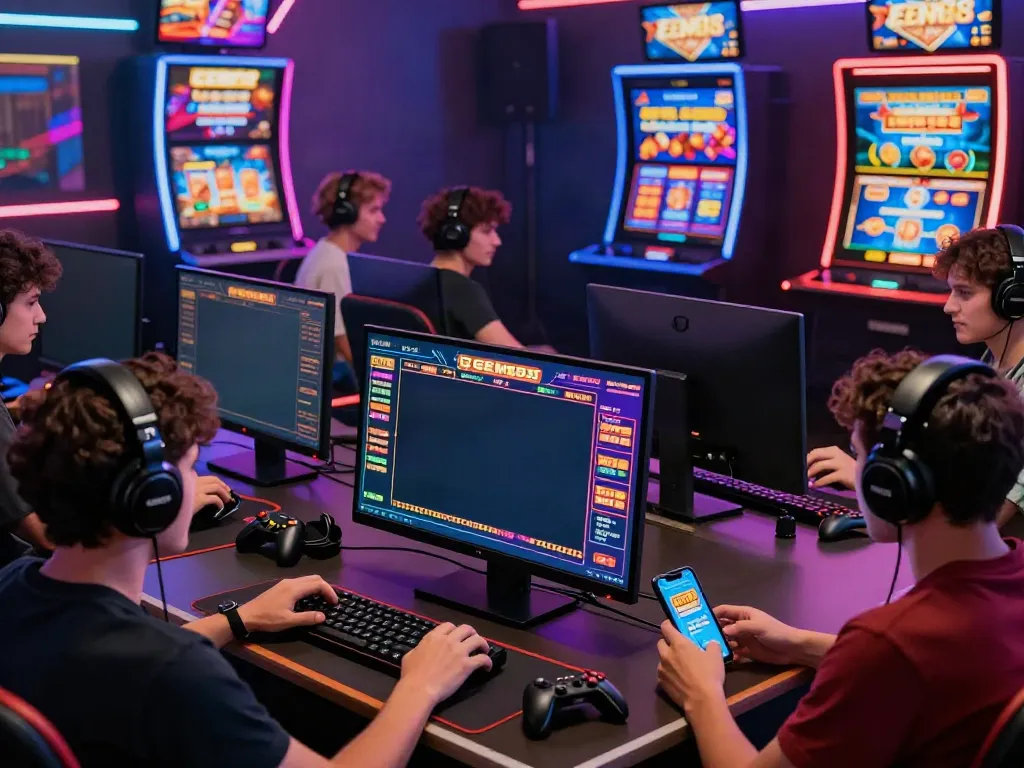 Exciting scene of gamers enjoying GEM88's diverse online betting options, showcasing sports, live casino, and slots with vibrant graphics.