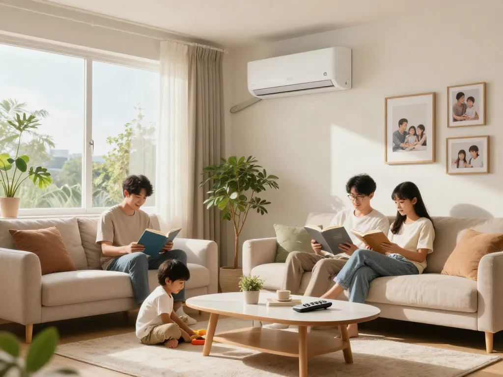 Family enjoying a cozy living room with a split ac unit for comfort and style.