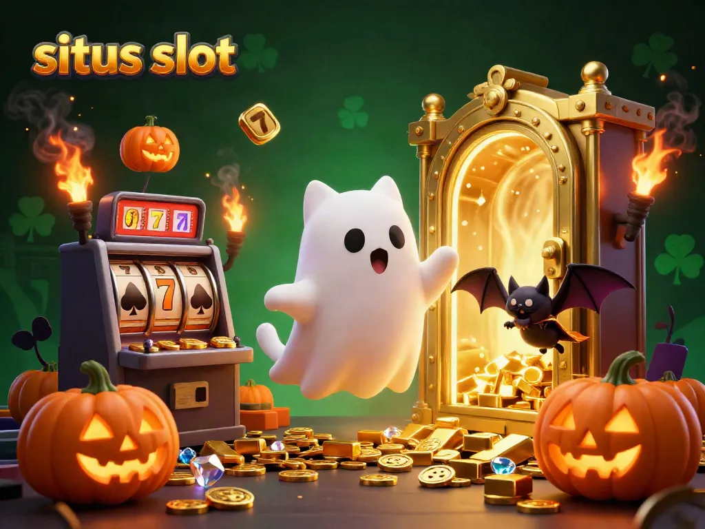 Experience thrilling slots at situs slot with a friendly ghost cat and glowing jack-o-lanterns in a haunted casino.