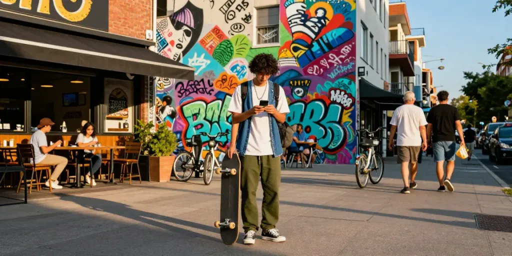 Stylish individual exploring rokok88 street culture in vibrant urban setting