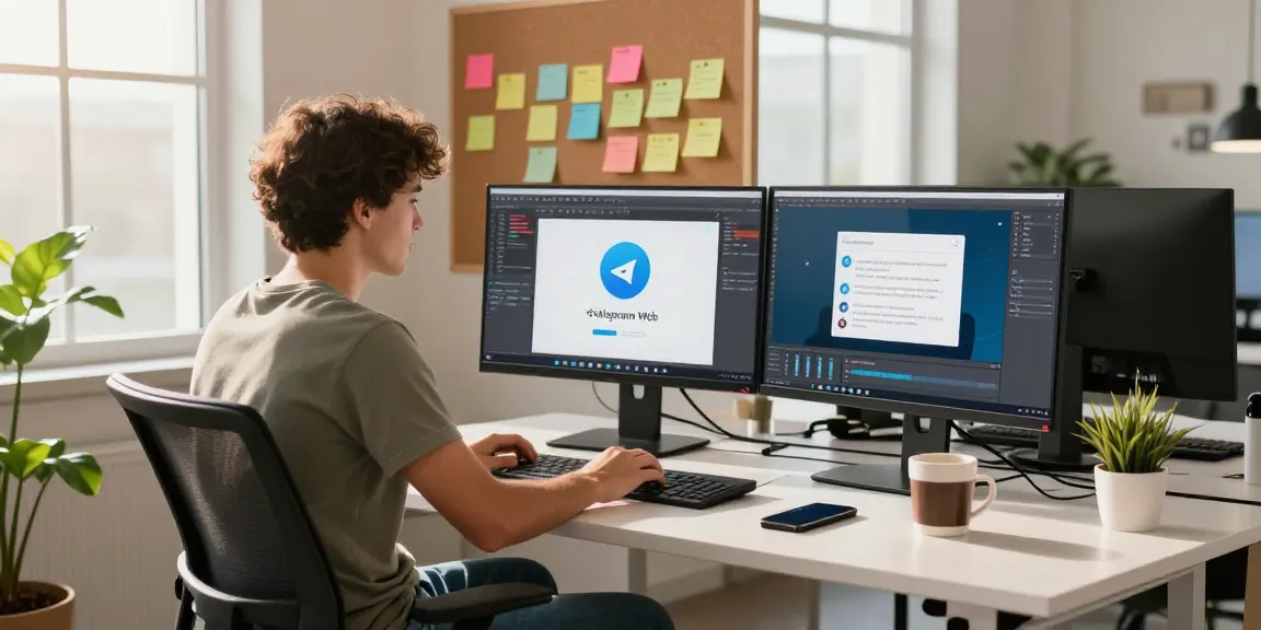 Professional using Telegram Web Version on desktop in a vibrant office workspace.