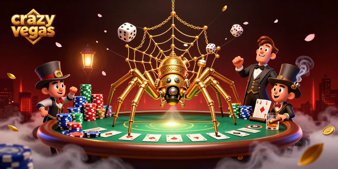 Engage in thrilling moments at crazyvegas with a steampunk spider spinning golden webs and poker excitement.