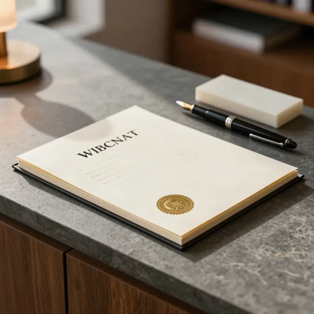 Affidavit packet with embossed seal beside fountain pen and blotter on a slate counter.