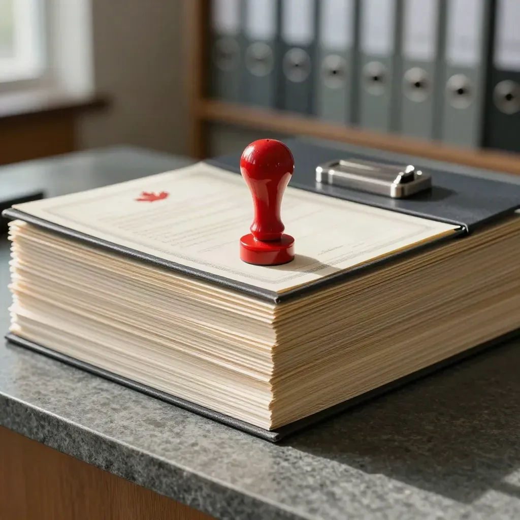 Stacked certified copies with a red seal stamp and certification folder on a slate counter.