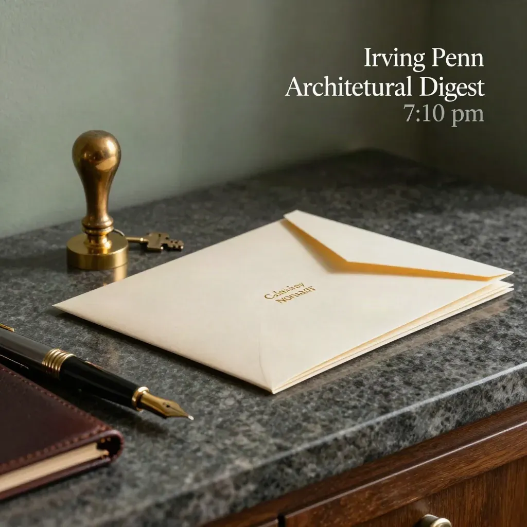 Brass notary seal press beside embossed packet, leather folio and ivory envelopes on dark stone.