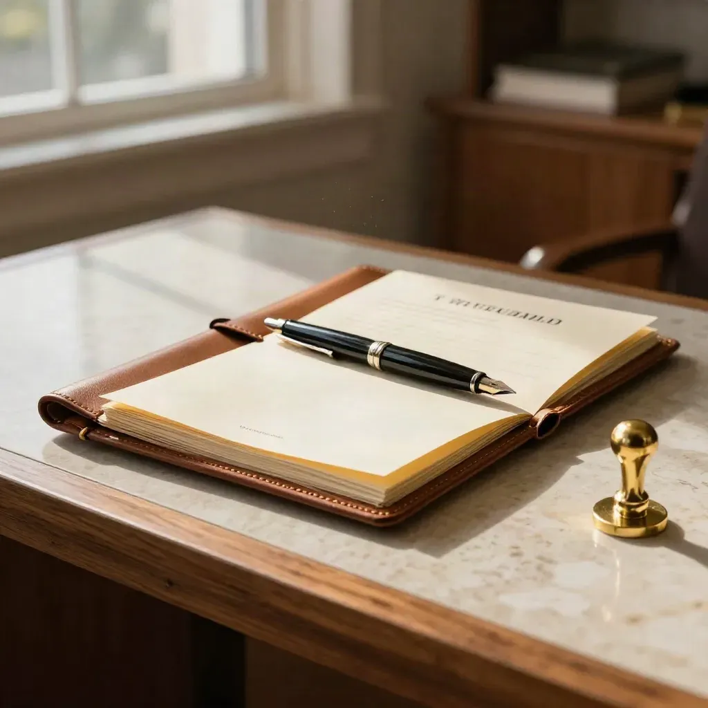 Power of attorney bundle with leather folio, fountain pen, and brass seal on travertine.