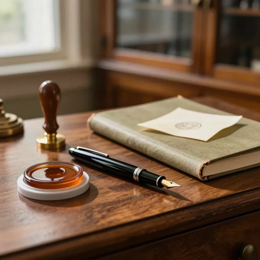 Fountain pen, ink pad, notary seal and closed ledger on a walnut sideboard in warm office light