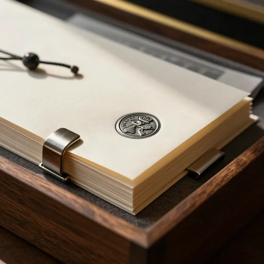 Macro of a sealed notary packet with emboss seal, metal clip, and ivory blotter in a dark archive