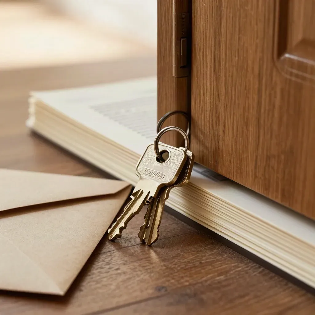 Apartment keys and sealed legal copies by a door in warm afternoon light.