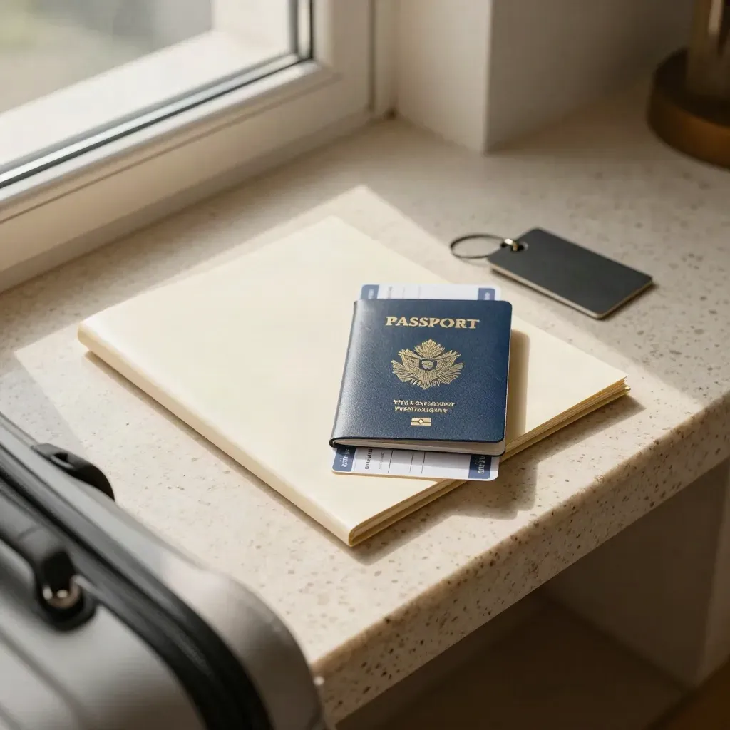 Travel consent folder, passport cover and boarding pass sleeve ready on a stone bench