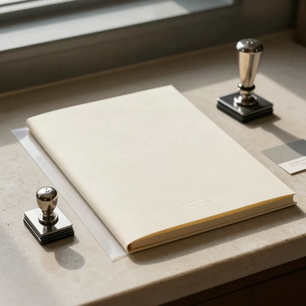 Certified copy packet and ivory presentation folder on pale stone with embossed seals