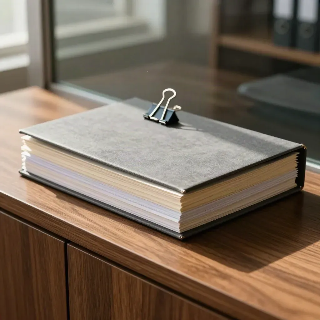 Folder bundle and certified copies aligned on a walnut credenza with soft daylight