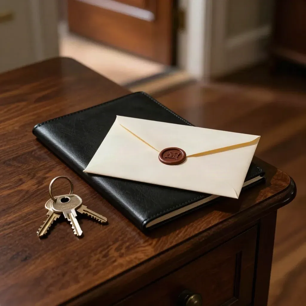 Legal document packet, sealed envelopes, leather folio, and keys on a dark foyer table.