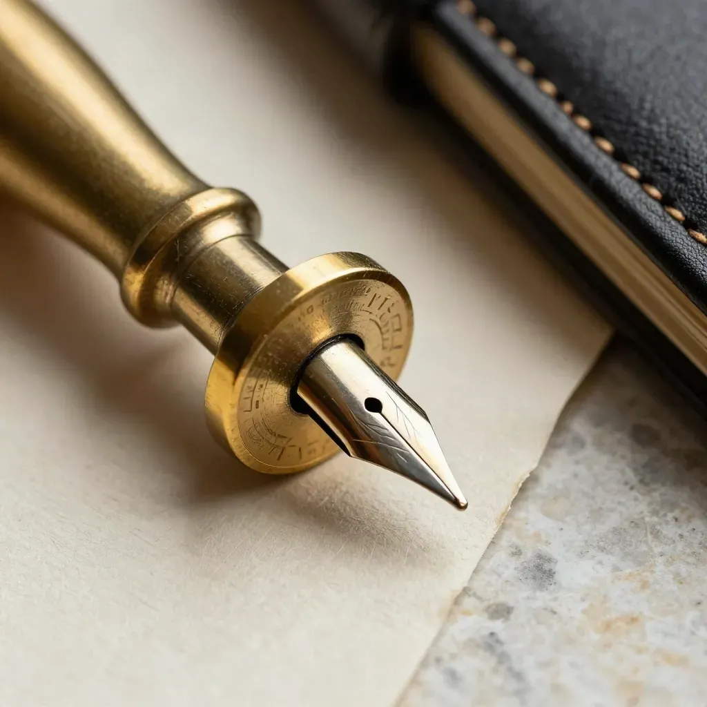 Brass notary seal and pen nib embossing ivory paper on stone