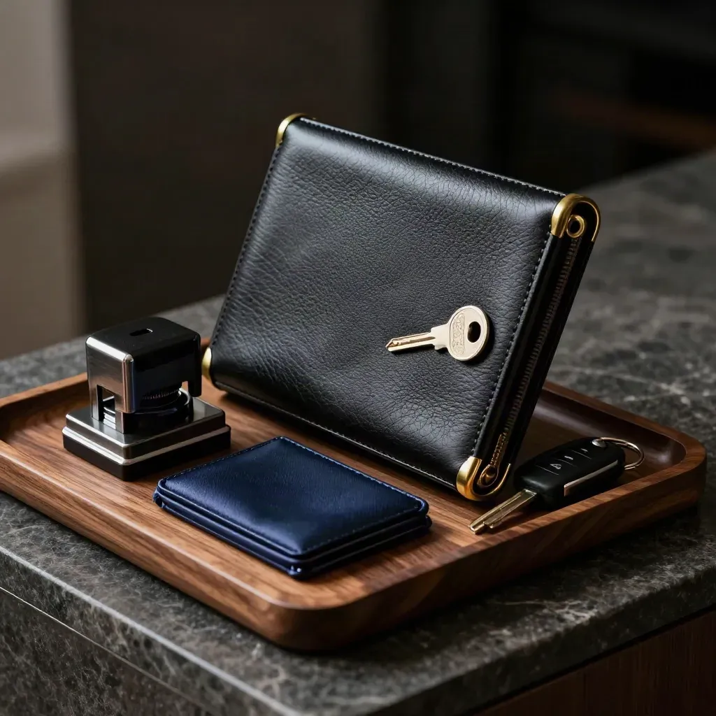 Notary kit with leather case, embosser, ink pad and key fob on a walnut surface