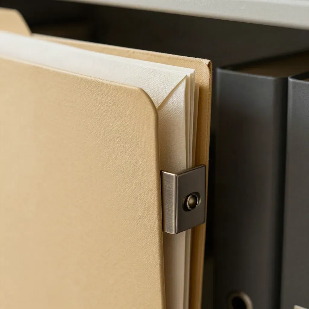 Archival folder spine, linen envelope edge, embossed paperboard and metal clip in close-up.