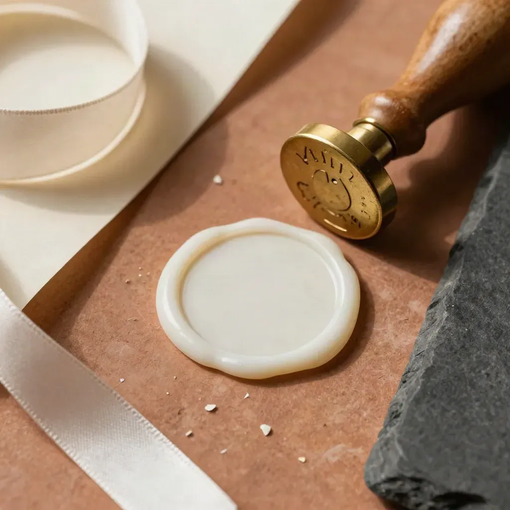 Overhead macro of wax seal, brass stamp, ribbon coil and paper edge on terracotta surface