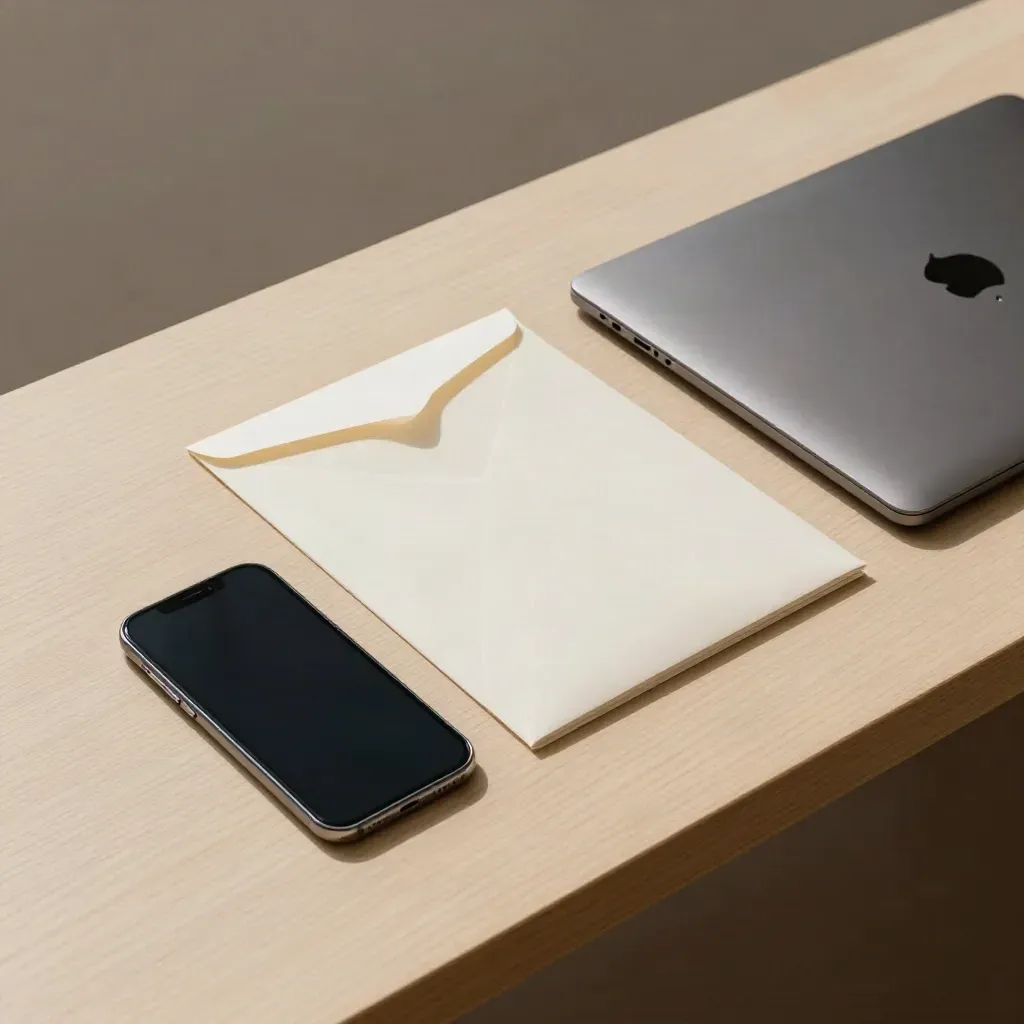 Top-down still life of a smartphone, upload envelope, document sleeve and laptop on pale wood.