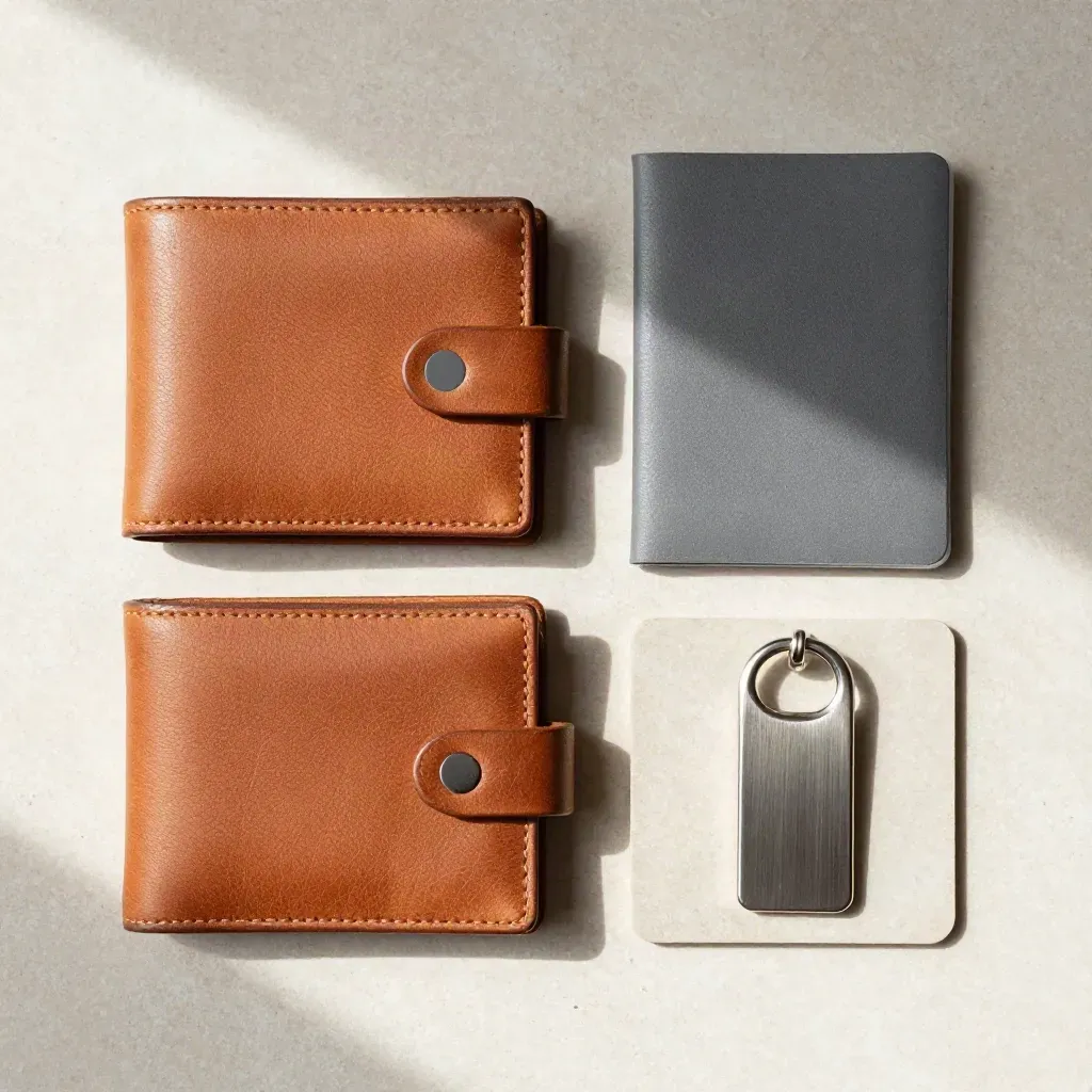 Overhead flatlay of ID wallet, passport cover, card sleeve and key tag on pale stone.
