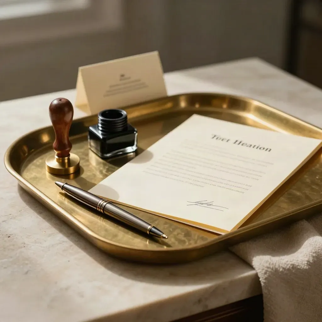 Brass tray with pen, seal stamp, ink pad and folded commissioning folder
