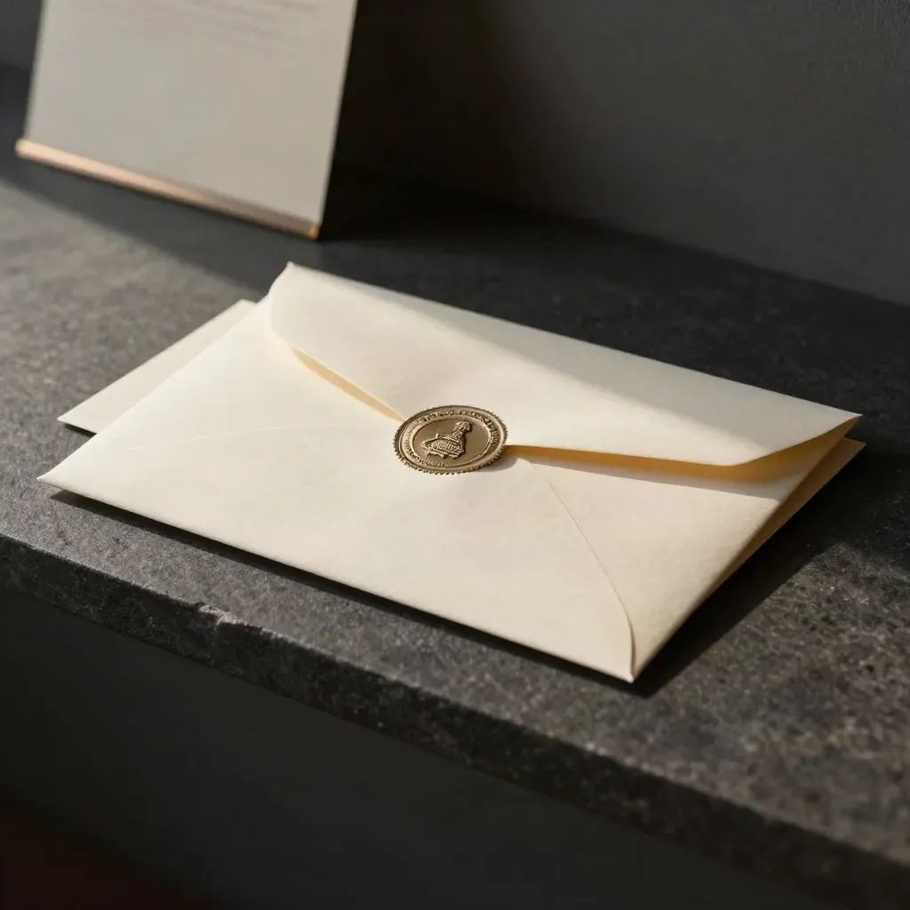 Cream notarized packet with embossed seal and ribbon on a dark slate shelf, softly lit