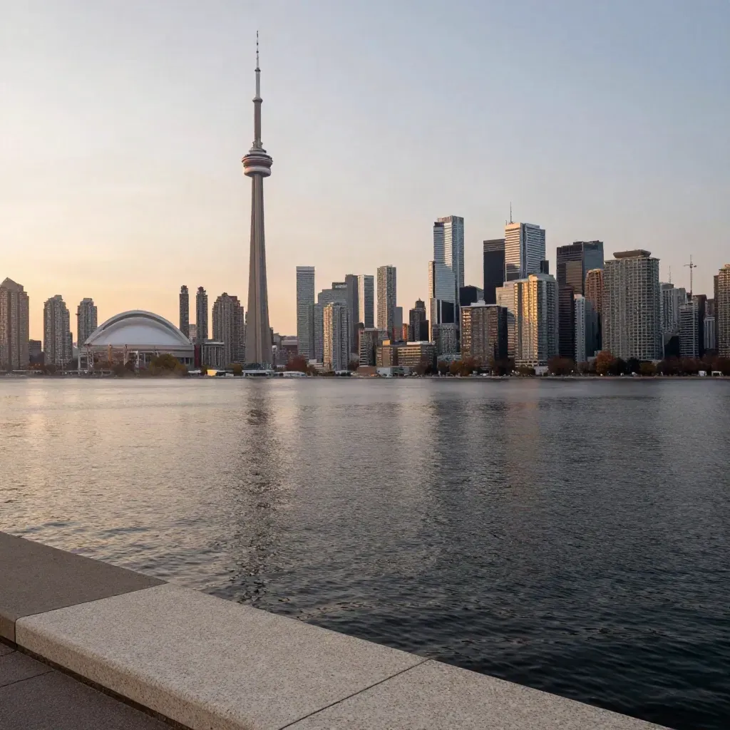 Toronto skyline at dusk above dark water with warm haze and a pale stone foreground.