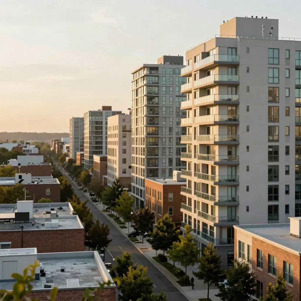 North York condo towers and tree canopy at sunset with calm haze for headline copy.