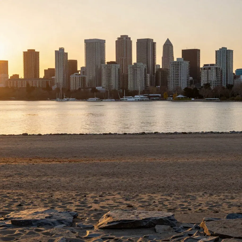 Mississauga skyline glowing at sunset above calm lakeshore and marina haze.