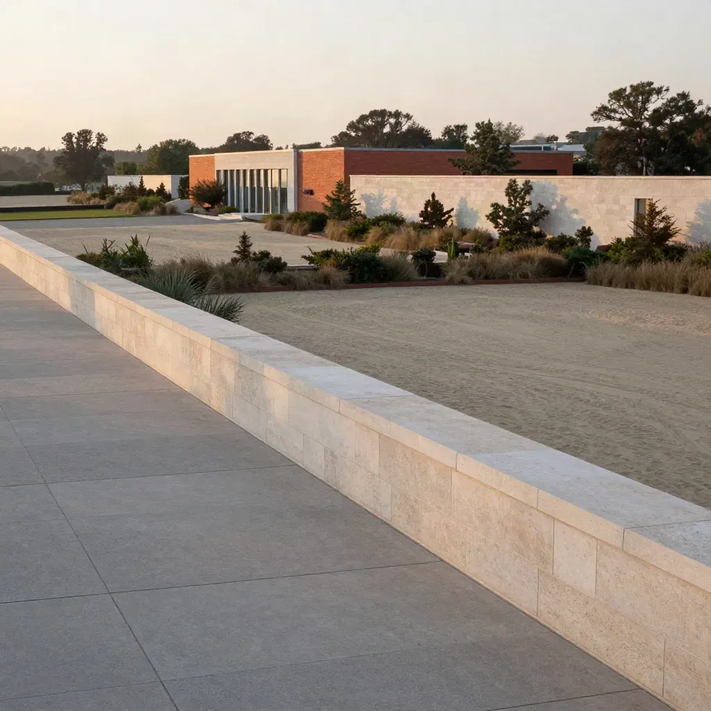 Hazy dusk view of Vaughan stone civic architecture above a calm neutral foreground.