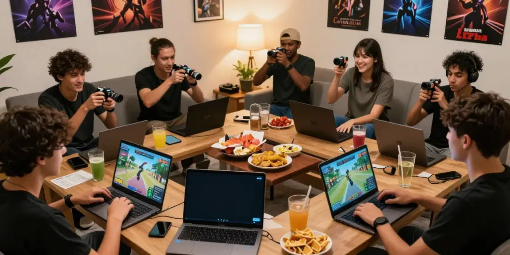 Exciting group of friends playing rokok88 virtual bird-catching game in a cozy living room.