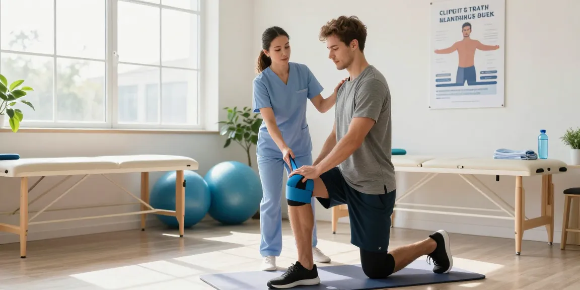 Physio near me burlington - Physiotherapist guiding young male in knee rehab exercises at a bright clinic.