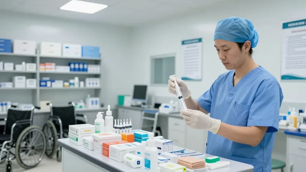 Medical supplies being organized by a health care professional in a bright supply room, showcasing essential equipment for patient care.