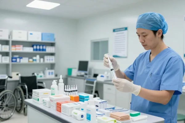 Medical supplies being organized by a health care professional in a bright supply room, showcasing essential equipment for patient care.